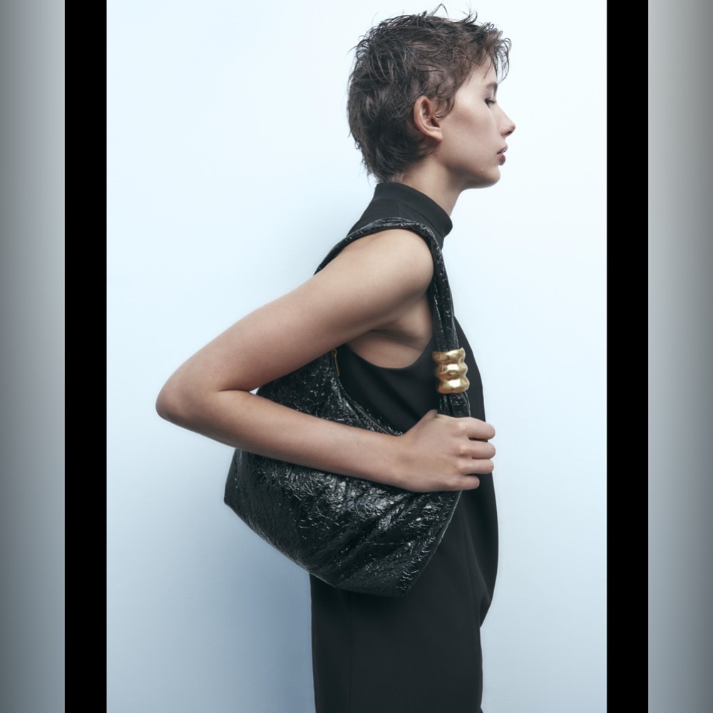 Zara Black Shiny Shoulder Bag with Gold Metal Accent